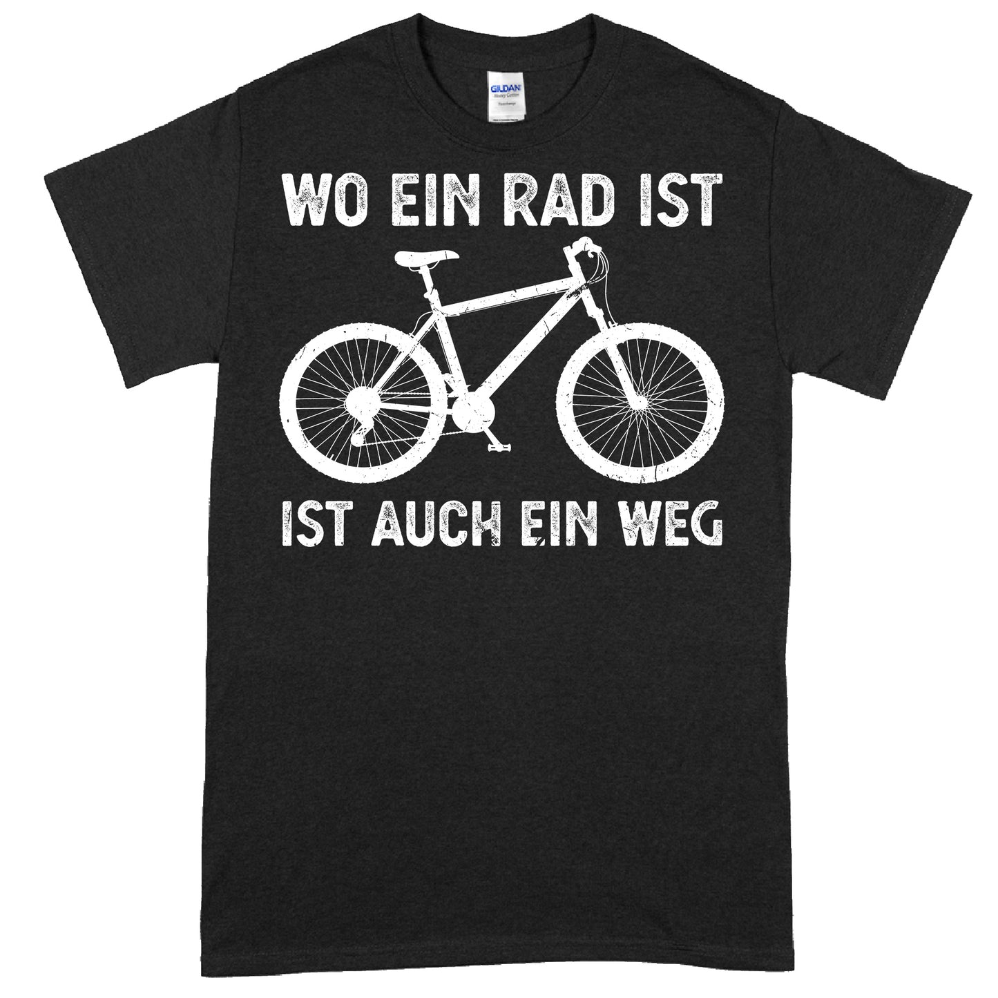 Design eines T-Shirts mit der Aufschrift "Wo ein Rad ist, ist auch ein Weg" und einem stilisierten Fahrradmotiv.