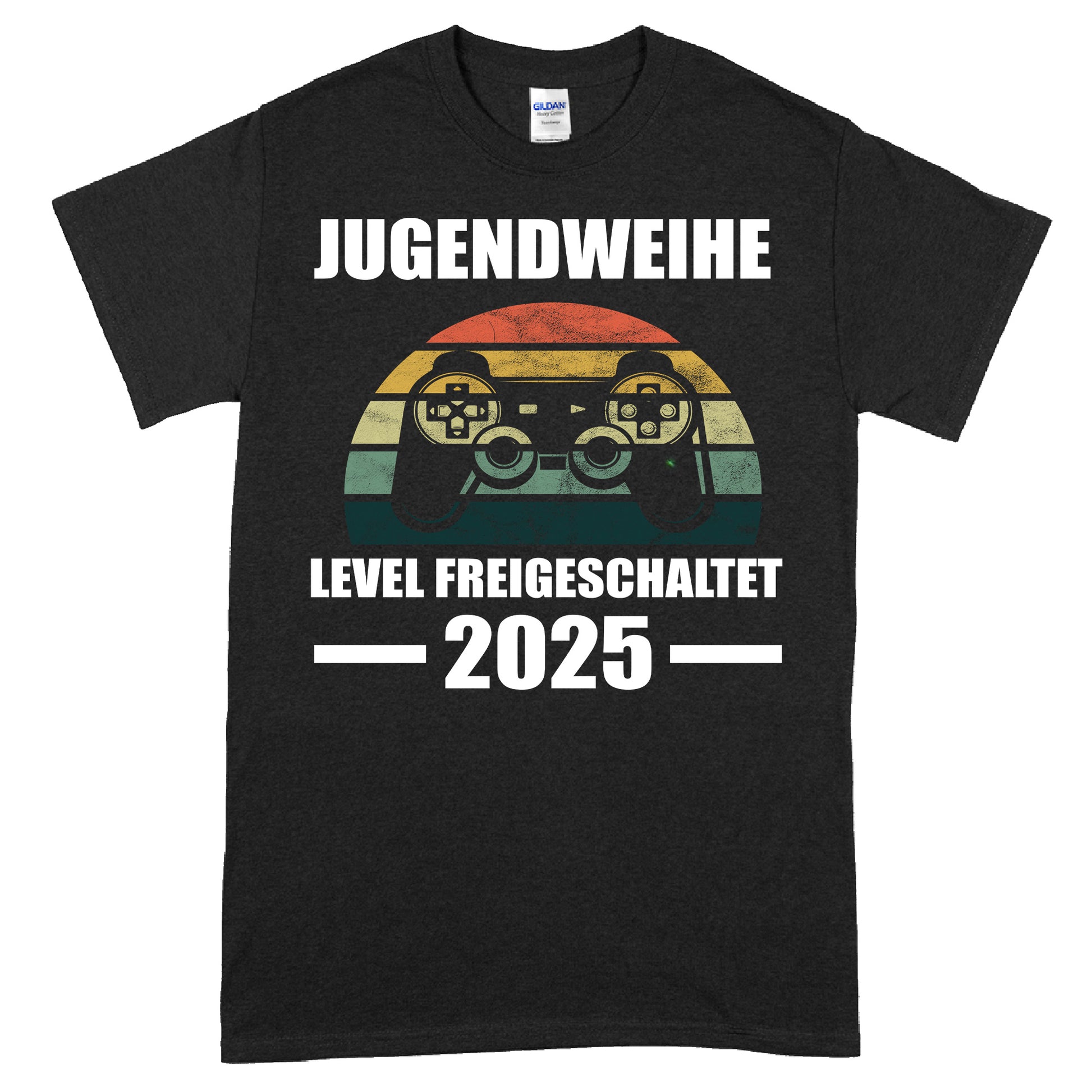 Erwachsenenshirt mit dem Aufdruck "Jugendweihe Level Freigeschaltet 2025" in jugendlichem Design.