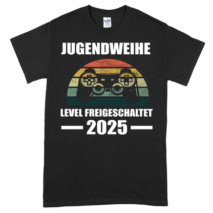 Erwachsenenshirt mit dem Aufdruck "Jugendweihe Level Freigeschaltet 2025" in jugendlichem Design.