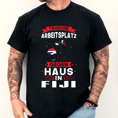 Mann trägt Fiji Shirt mit Aufschrift "tausche Arbeitsplatz Geschenk Fidschianisch"