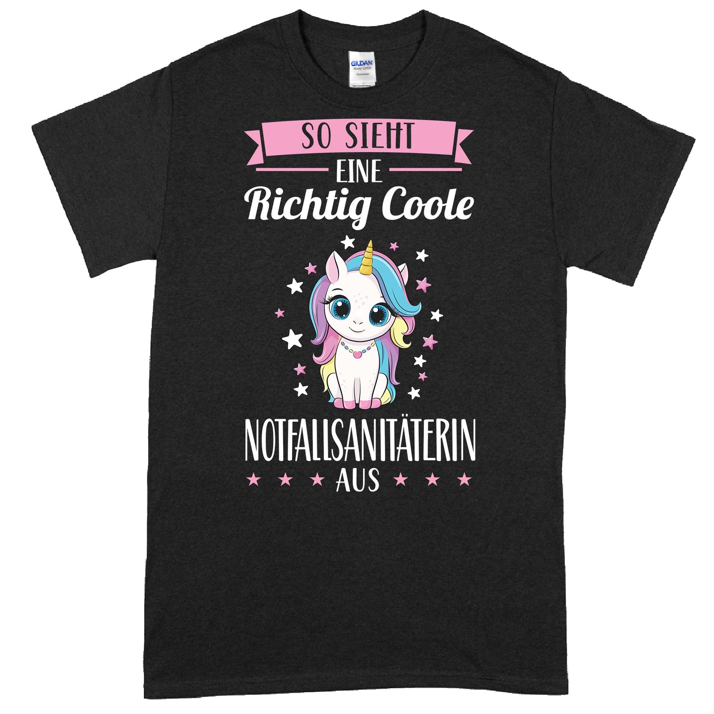 Design eines T-Shirts mit dem Text "Notfallsanitäterin | richtige coole Sanitäterin Geschenk Pflegerin" in stilvoller Schrift.
