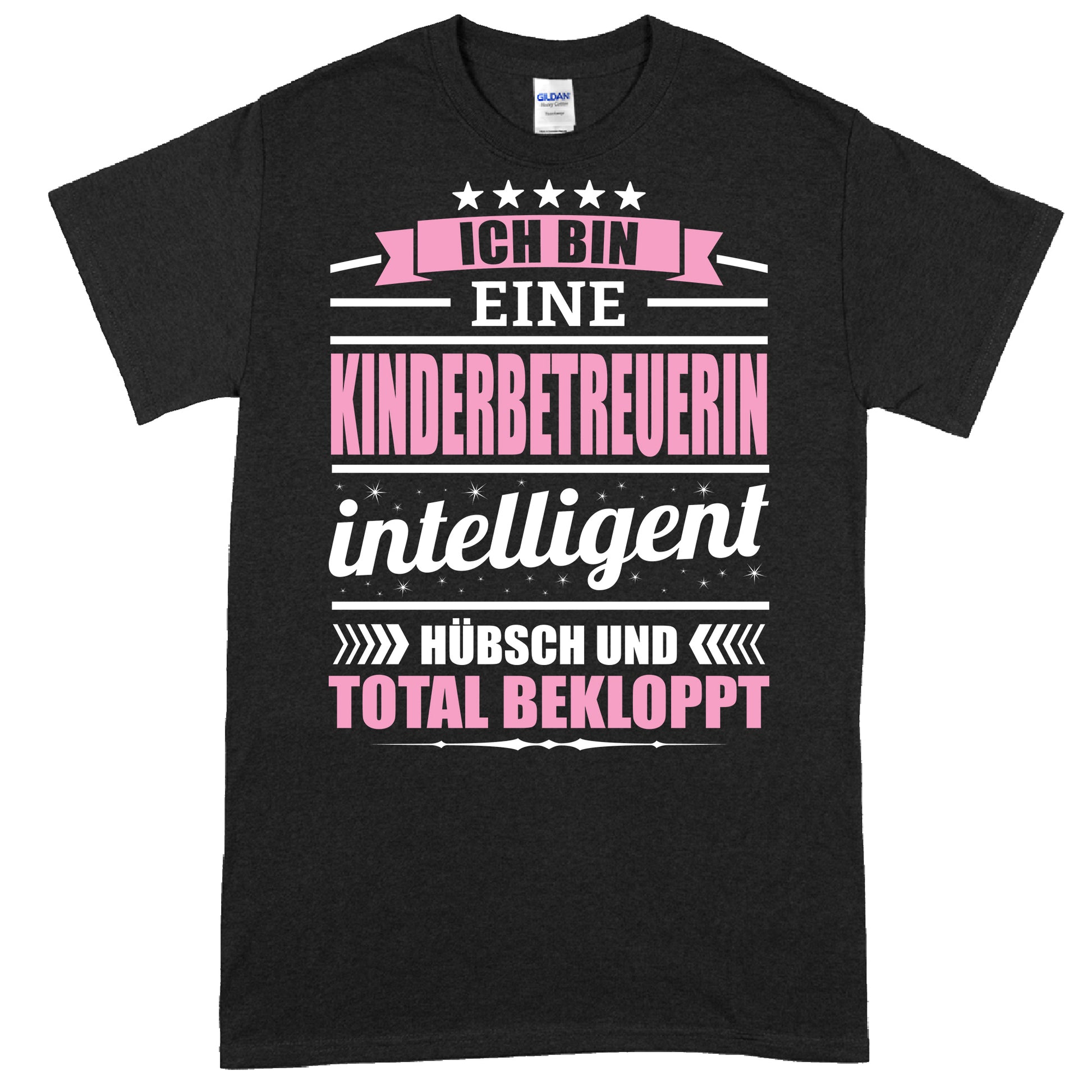 Design eines Shirts mit der Aufschrift "Kinderbetreuerin Shirt | Ich bin eine Erzieherin Geschenk Kindergärtnerin Kinderbetreuerin" in bunten Buchstaben.