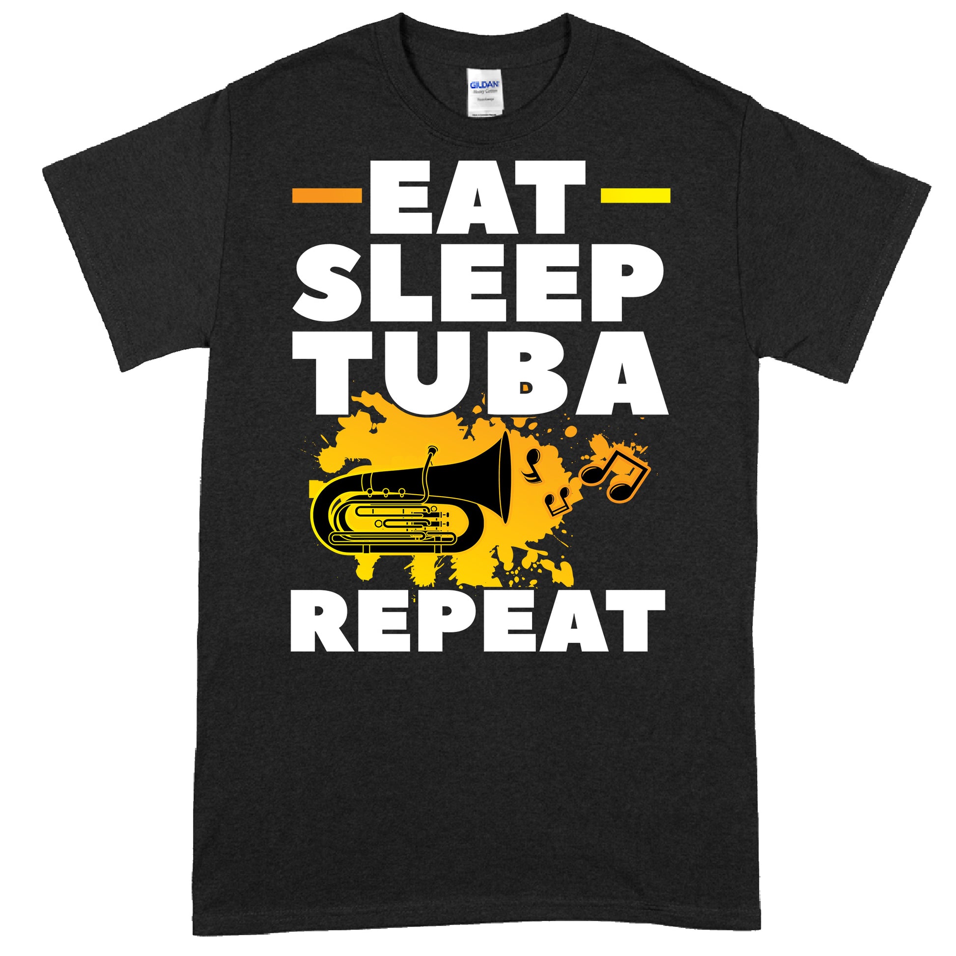 Design eines T-Shirts mit der Aufschrift "Tuba Shirt | eat sleep repeat" und einem Bild einer Tuba, ideal als Geschenk für Musiker und Tuba-Spieler.