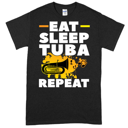 Design eines T-Shirts mit der Aufschrift "Tuba Shirt | eat sleep repeat" und einem Bild einer Tuba, ideal als Geschenk für Musiker und Tuba-Spieler.