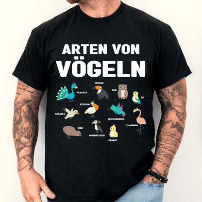 Design eines T-Shirts mit verschiedenen Vogelarten und einem Mann als Motiv, ideal als Geschenk für Vogelzüchter.