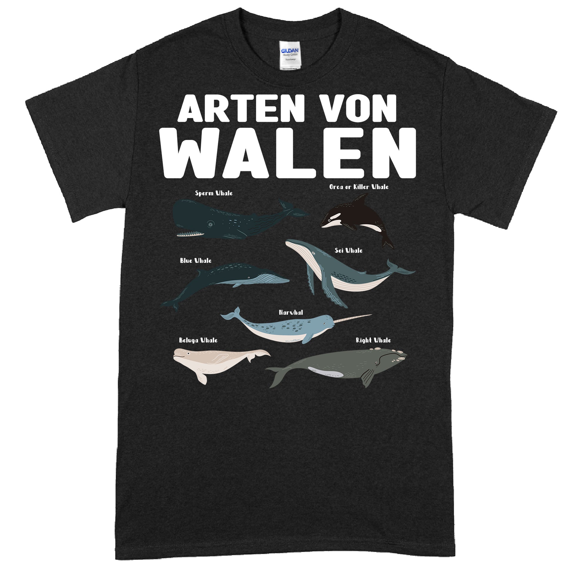 Design eines T-Shirts mit Wal-Motiven und verschiedenen Meereslebewesen.