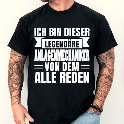 Design eines T-Shirts mit der Aufschrift 'Anlagenmechaniker Shirt | legendäre Mechaniker Geschenk' und einem abgebildeten Mann.