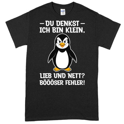 Design eines Shirts mit dem Text "du denkst ich bin klein Süss Geschenk Böösse" in verspielter Schrift.
