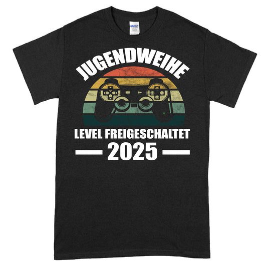 Erwachsenenshirt mit Aufdruck "Jugendweihe Level Freigeschaltet 2025" in jugendlichem Design.