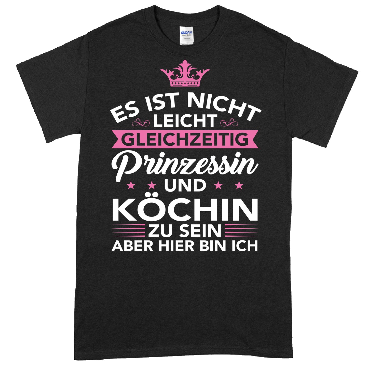 Design eines T-Shirts mit dem Text "Es ist nicht leicht gleichzeitig Prinzessin und Koch zu sein", verziert mit Kochutensilien und einer Krone.