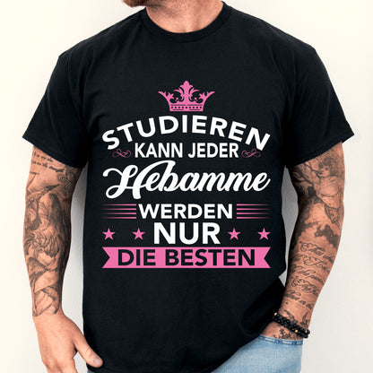 Hebamme Shirt mit einem stilisierten Mann als Motiv, ideal als Geschenk zur Geburt eines Kindes.