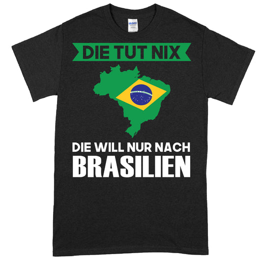 Design eines Brasilien-Shirts mit dem Text "Die tut nix Geschenk Brasilisch" in lebhaften Farben.